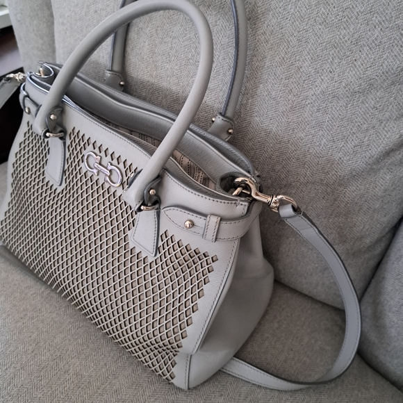 Salvatore Ferragamo Grey Laser Cut Leather Tote - Picture 2 of 9